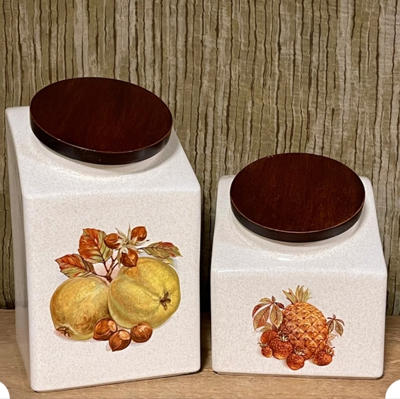 Vintage Hyalyn Pottery Canister Set, Two Fruit Pattern Canisters with Wood Lids - Picture 2 of 10